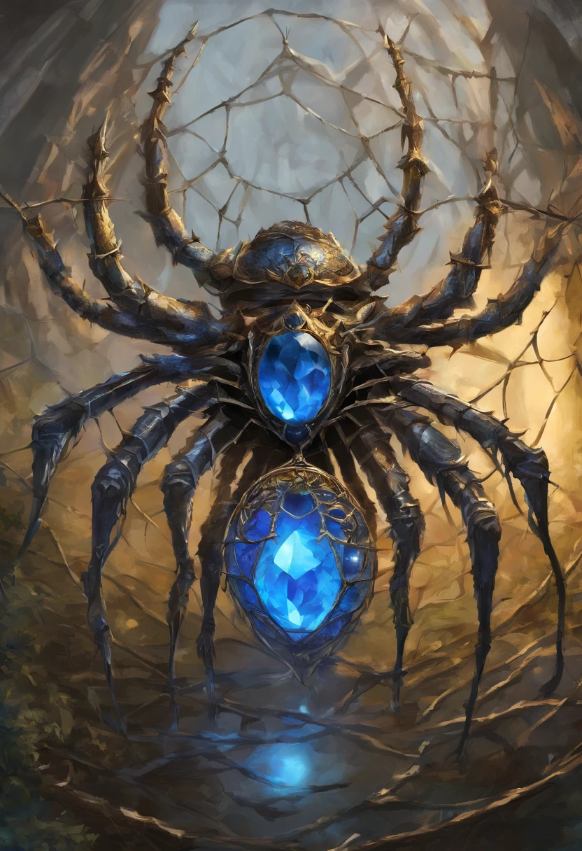 Metal spider with a blue gem that traps a warrior in a metal web , Tyler Edlin Fantasy Art, Style artistique humblewood, Illustration High Fantasy, guerrier , Surprisingly detailed D & D art