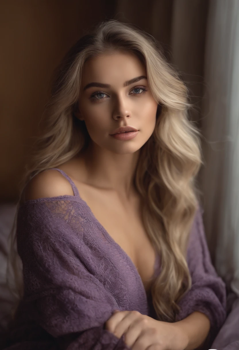 Arafed woman completely , fille sexy aux yeux bleus, ultra realist, Meticulously detailed, Portrait Sophie Mudd, cheveux blonds et grands yeux, selfie of a young woman, Yeux de chambre, Violet Myers, sans maquillage, maquillage naturel, looking straight at camera, Visage avec Artgram, Maquillage subtil, Great photo of the whole body kneeling on the bed, dans la chambre, Medium to large bust; ; ;nu