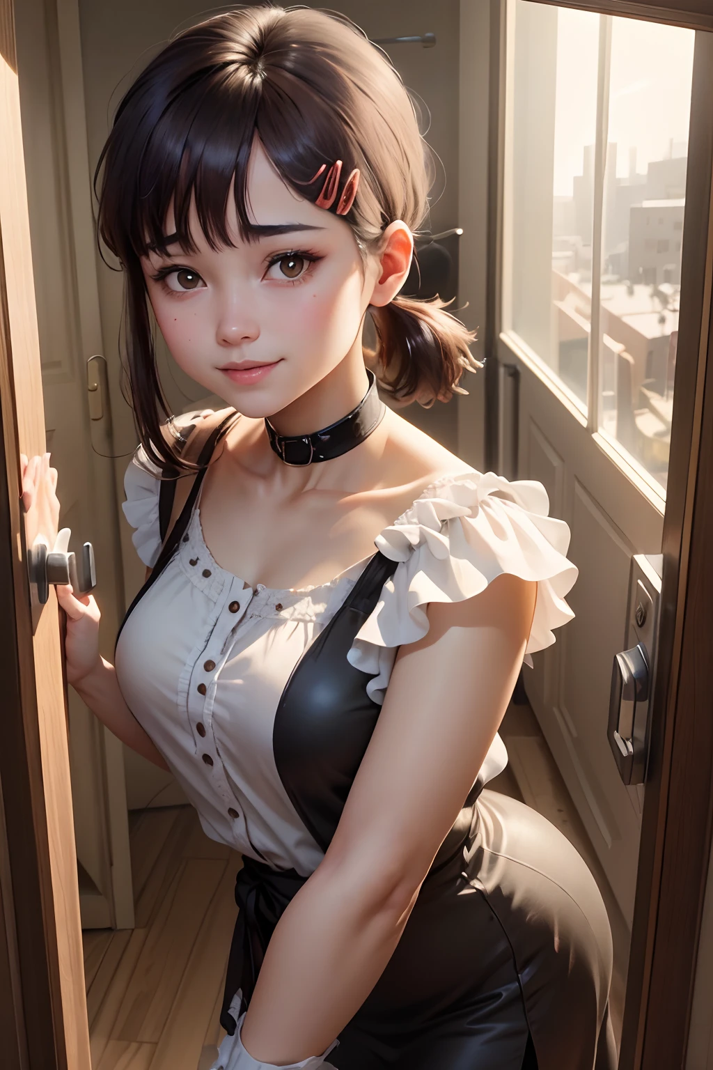 masterpiece, best quality, ultra-detailed, illustration, epic lighting, cinematic composition, isometric, 1girl, solo, cute, brown eyes, black hair, swept bangs, single sidelock, red hairclip, Wrap Dresses, chocker, enchanting gaze, captivating pose, indoors, office, door, opening door, looking at viewer, peeking out upper body, blush, seductive smile, closed mouth,(8k:1.1),