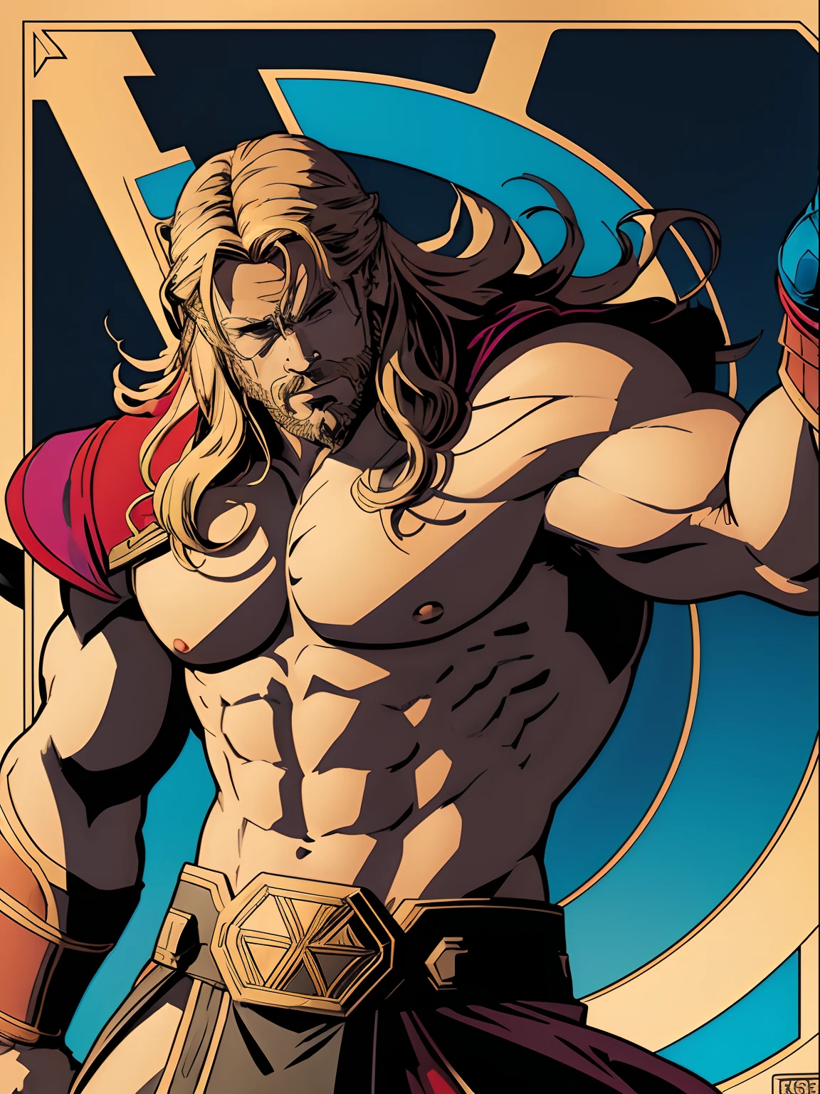 midshot, (cel-shading style:1.3), centered image, ultra detailed illustration of Thor from Marvel, posing, (tetradic colors), inkpunk, (ink lines:1.1), strong outlines, art by Alphonse Mucha, bold traces, unframed, high contrast, (cel-shaded:1.1), vector, 32k resolution, best quality, flat colors, flat lights (Chris Hemsworth as Thor).