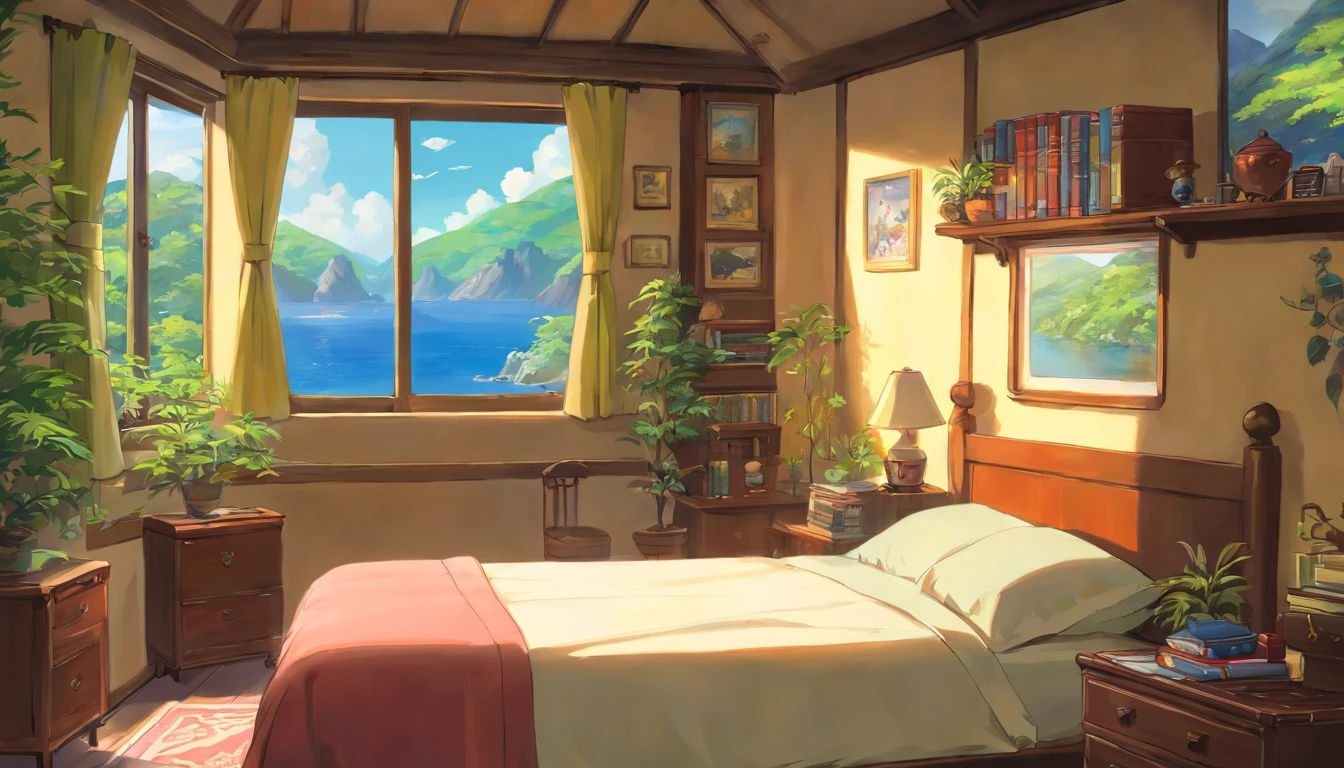 Realista, Authentic, beautiful and amazing landscape oil painting, jovem adulto lendo um livro em seu quarto, cama desarrumada, com livros e videogames