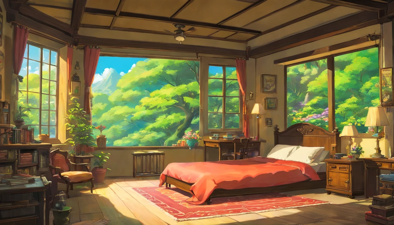 Realista, Authentic, beautiful and amazing landscape oil painting, jovem adulto lendo um livro em seu quarto, cama desarrumada, com livros e videogames