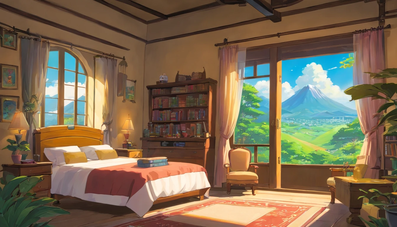 Realista, Authentic, beautiful and amazing landscape oil painting, jovem adulto lendo um livro em seu quarto, cama desarrumada, com livros e videogames
