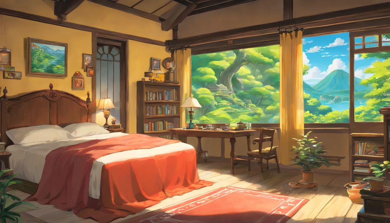 Realista, Authentic, beautiful and amazing landscape oil painting, jovem adulto lendo um livro em seu quarto, cama desarrumada, com livros e videogames