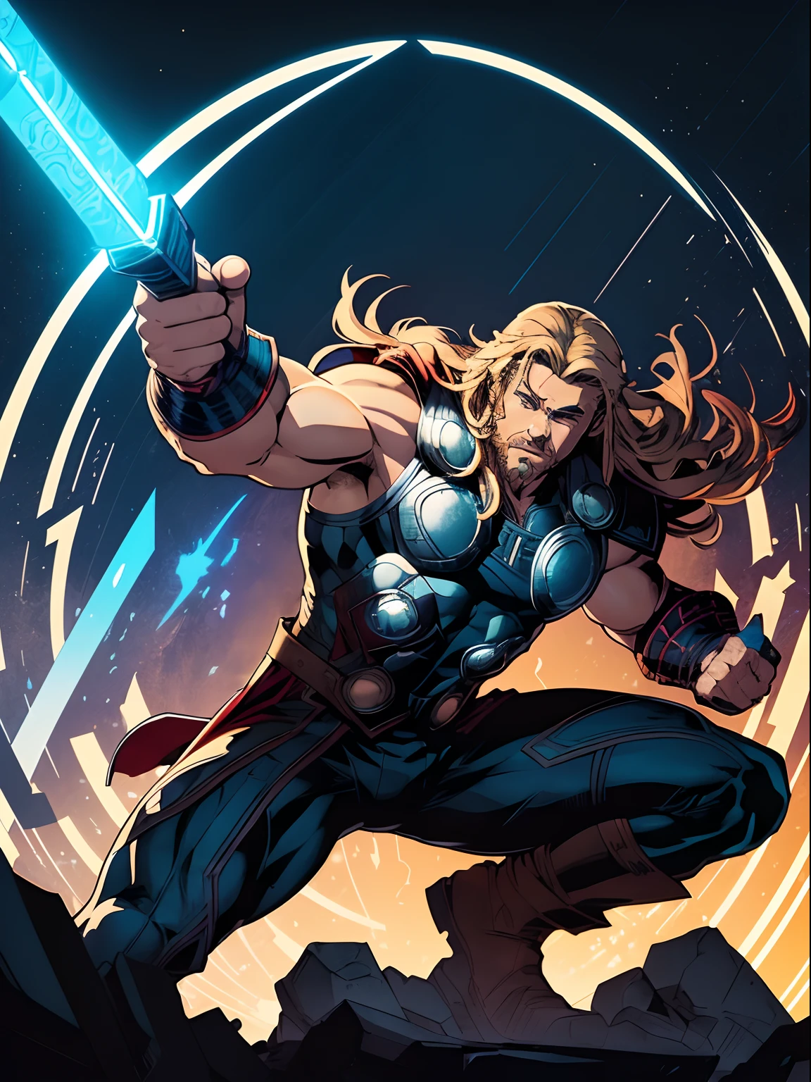 midshot, (cel-shading style:1.3), centered image, ultra detailed illustration of Thor from Marvel, posing, (tetradic colors), inkpunk, (ink lines:1.1), strong outlines, art by Alphonse Mucha, bold traces, unframed, high contrast, (cel-shaded:1.1), vector, 32k resolution, best quality, flat colors, flat lights (Chris Hemsworth as Thor).