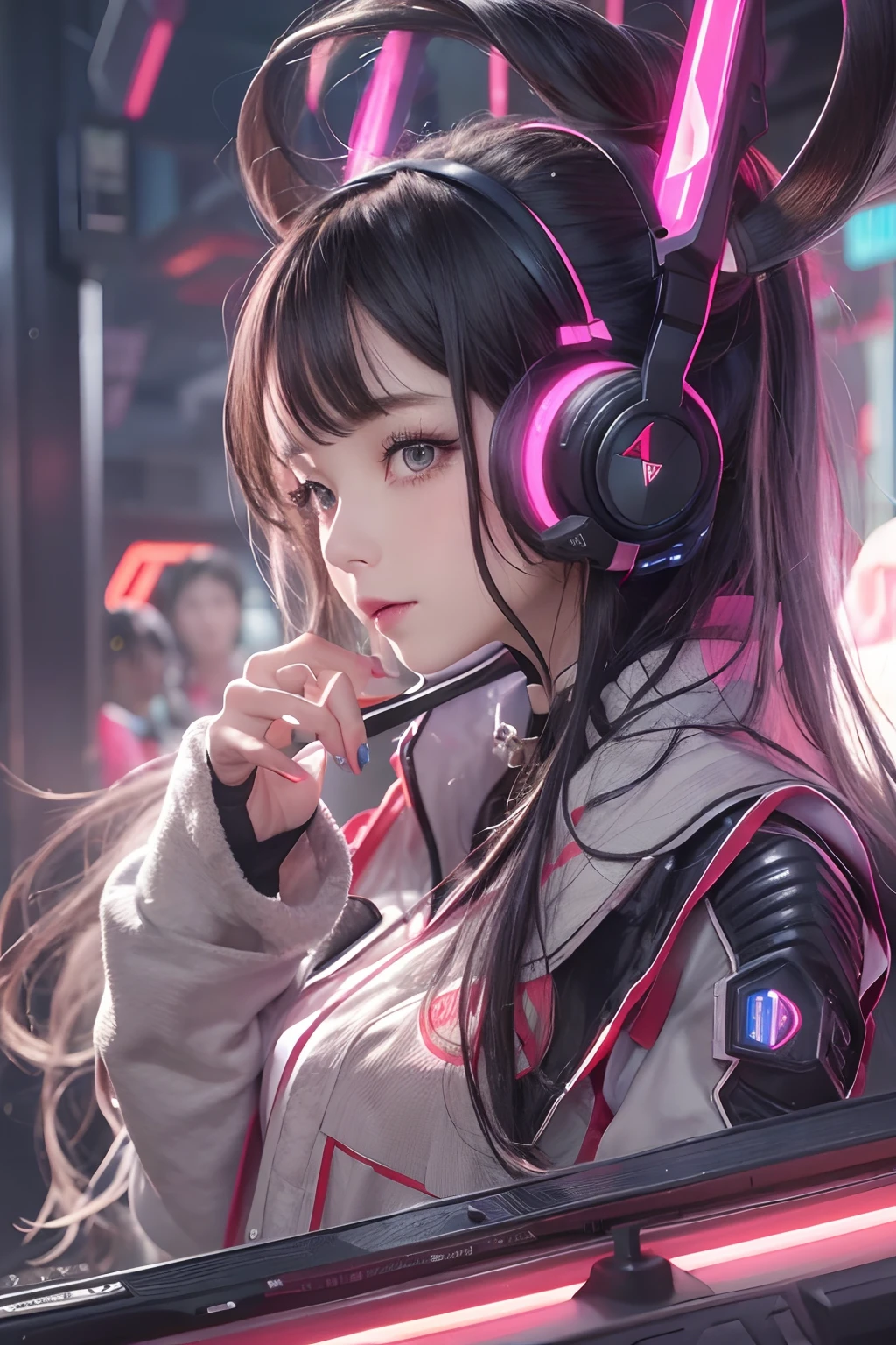 masterpiece, 1 beautiful girl, Detailed eye, Swollen eyes, top-quality, 超A high resolution, 电影灯光, japanes, a asian beauty, very extremely beautiful, Beautiful skins, A slender, Forward-facing body, gazing at viewer、(animesque), (hight resolution), , (ighly detailed), ( Best Illustration), (beautifully detailed eyes), (ultra-detailliert), 详细的脸, Bright lighting, Professional Lighting、The background is a cyberpunk room with many monitors.......、Hair color is pink twin tails、、headset on head、Moles under the eyes、Plump and glossy lips、Heart-shaped choker、Female Game Commentator、animesque