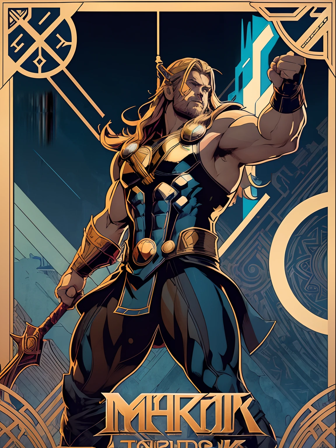 midshot, (cel-shading style:1.3), centered image, ultra detailed illustration of Thor from Marvel, posing, (tetradic colors), inkpunk, (ink lines:1.1), strong outlines, art by Alphonse Mucha, bold traces, unframed, high contrast, (cel-shaded:1.1), vector, 32k resolution, best quality, flat colors, flat lights (Chris Hemsworth as Thor).