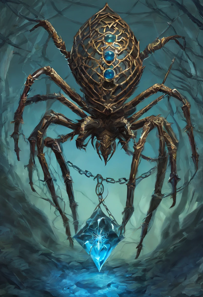 Metal spider with a blue gem that traps a warrior in a metal web , Tyler Edlin Fantasy Art, Style artistique humblewood, Illustration High Fantasy, guerrier , Surprisingly detailed D & D art