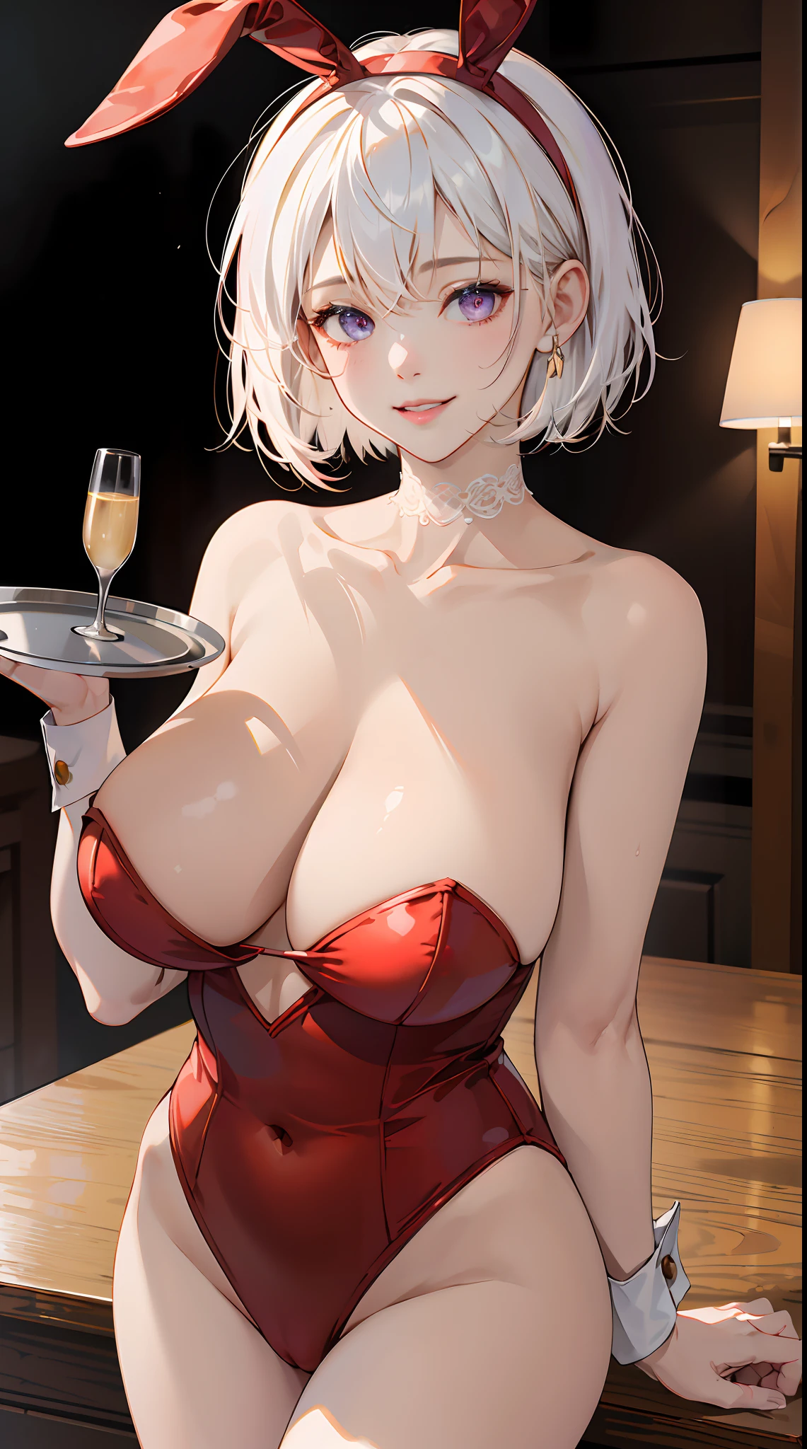masterpiece, absurdres, (intricate details), (colorful),cinematic lighting, bust shot, extremely detailed CG unity 8k wallpaper, (1girl:1.5), white hair, short wavy hair, bob cut, purple eyes, light smile, parted lips, (huge breasts: 1.2), cleavage, fake animal ears, choker, red leotard, playboy bunny, tray, champagne, smile, looking at viewer, cowboy shot,