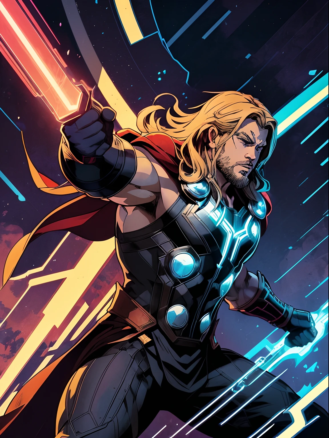 midshot, (cel-shading style:1.3), centered image, ultra detailed illustration of Thor from Marvel, posing, (tetradic colors), inkpunk, (ink lines:1.1), strong outlines, art by Alphonse Mucha, bold traces, unframed, high contrast, (cel-shaded:1.1), vector, 32k resolution, best quality, flat colors, flat lights (Chris Hemsworth as Thor).