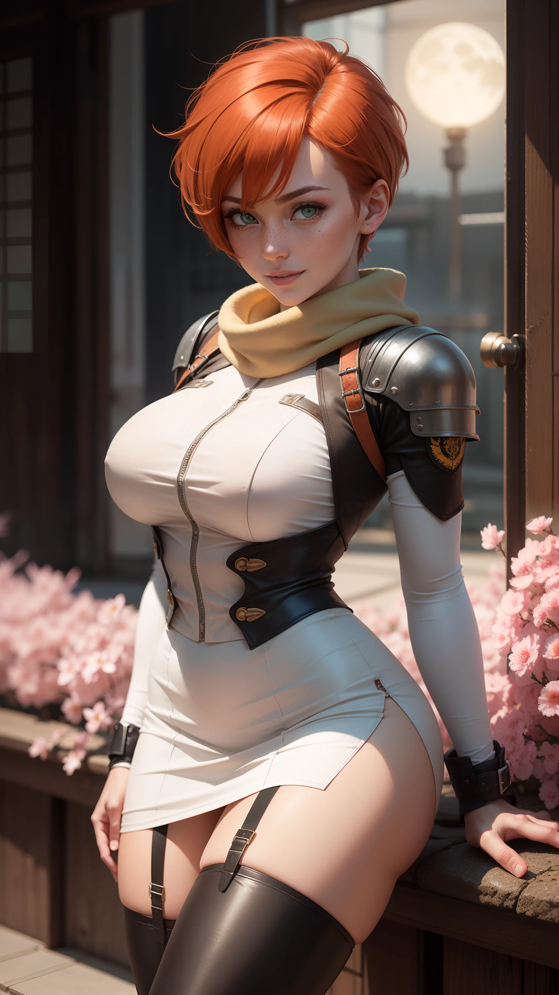 gwen tennyson,tracer,yorha 2b,rebecca chambers,ninja outfit,japan,steel armor,teenager,green eyes,garter belt, thigh high boots,short hair,orange hair,moonlight,cherry blossom,shy smile,white striped top, bodycon skirt,freckles,redhead,ninja corset, beautiful girl,large breasts,ultra detailed,realistic,ninja scarf,silver earrings,holding a two kunais,