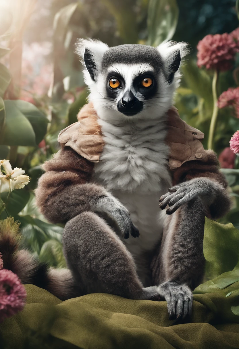 (8k, RAW photo, best quality, masterpiece:1.2), (realistic, photo-realistic:1.37),lemur wearing clothes, in a garden, shooting