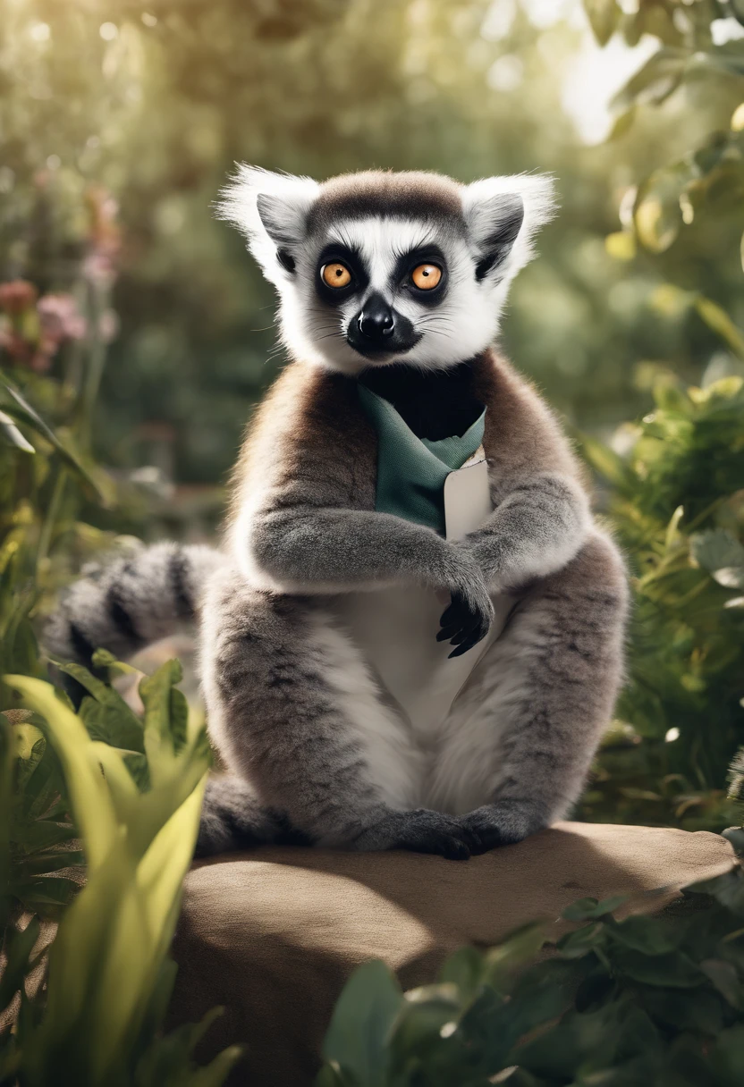 (8k, RAW photo, best quality, masterpiece:1.2), (realistic, photo-realistic:1.37),lemur wearing clothes, in a garden, shooting