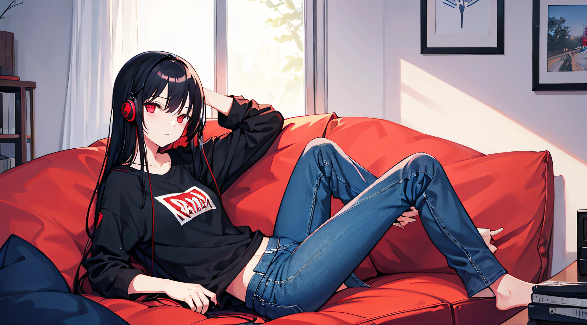 ((((Obra maestra, La mejor calidad, ultrahigh resolution)))), 1girl, sitting on the sofa, (baggy black t-shirt, white lounge wear shorts, back hair, dark black hair over eye)), long hair cut, pale skin, ((brown eyes)), glowing_eyes, neon eyes, (ultra detailed eyes:0.7, beautiful and detailed face, detailed eyes:0.9), ((centered)), smile, ((wide shot)), facing viewer,  large breasts, (looking at viewer), ((half closed eyes)), empty eyes, beautiful lighting, defined subject, 16 years old, ((cool looking)), ((from above, wide shot))