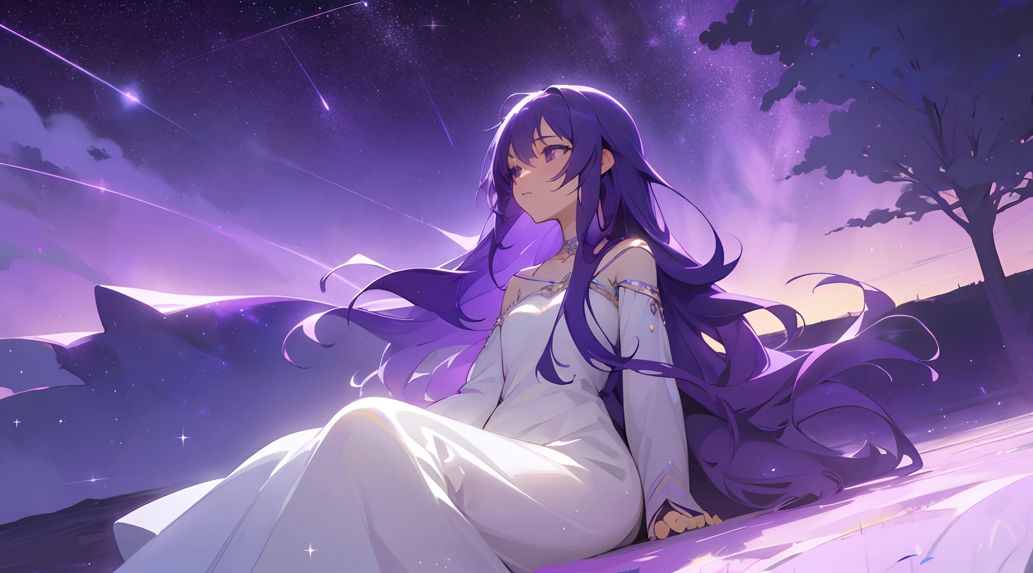 (purple nightsky landscape,purple background,starry sky,anime girl watching stars sitting,long hair,white simple dress) ,ultra-detailed, HDR, vibrant colors, fantasy art style, moonlight, serene atmosphere, soft glow, dreamlike scenery, magical aura, peaceful evening, enchanting beauty, ethereal ambiance.