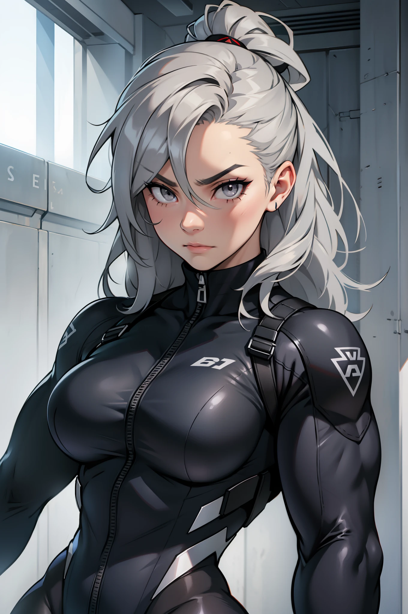 grey hair grey eyes (muscular) curvy (contempt expression) solo pilot suit tight shirt tight pants (1 girl)