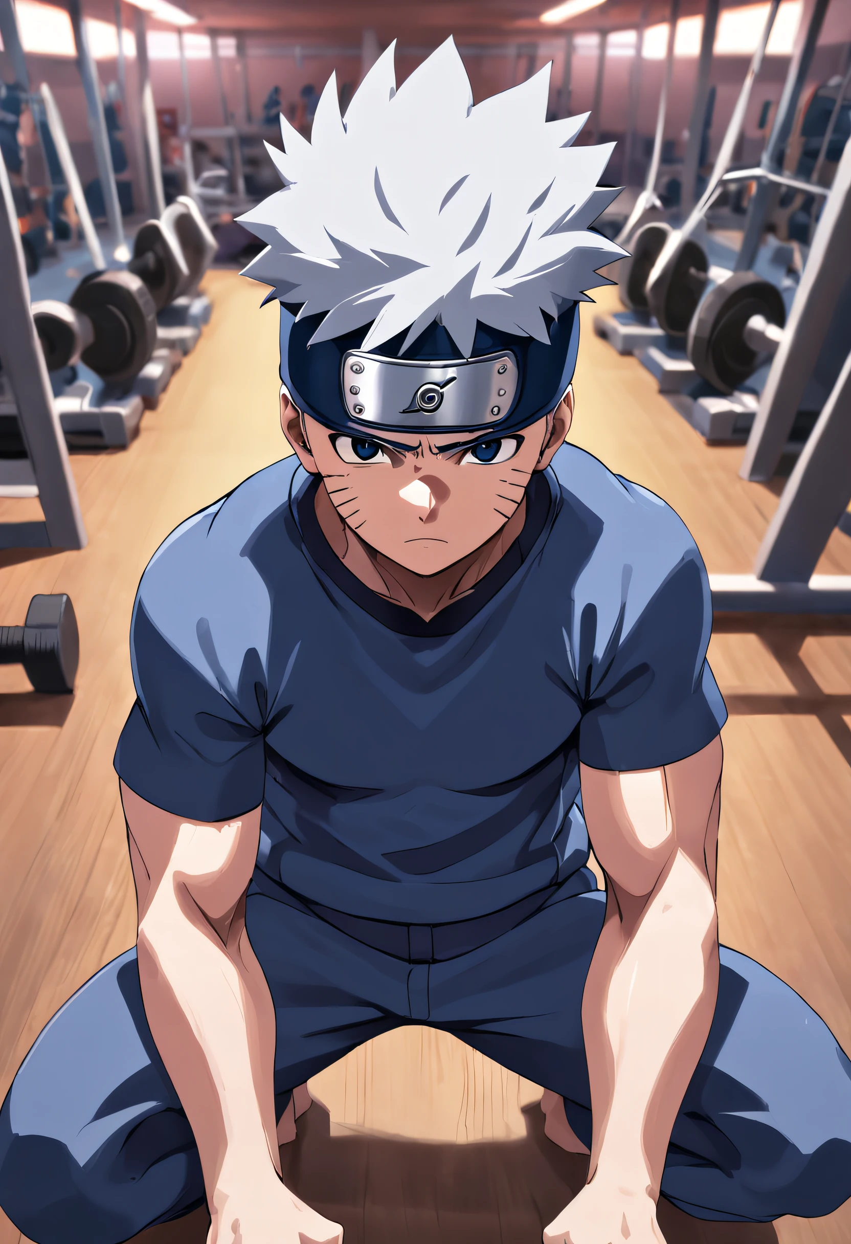 Kakashi Hatake in gym clothes training intensely in a bodybuilding gym, aficionado, Mirando un visor, gimnasio, Muscle , Hacer ejercicio, cicatriz en su ojo izquierdo, blue mask