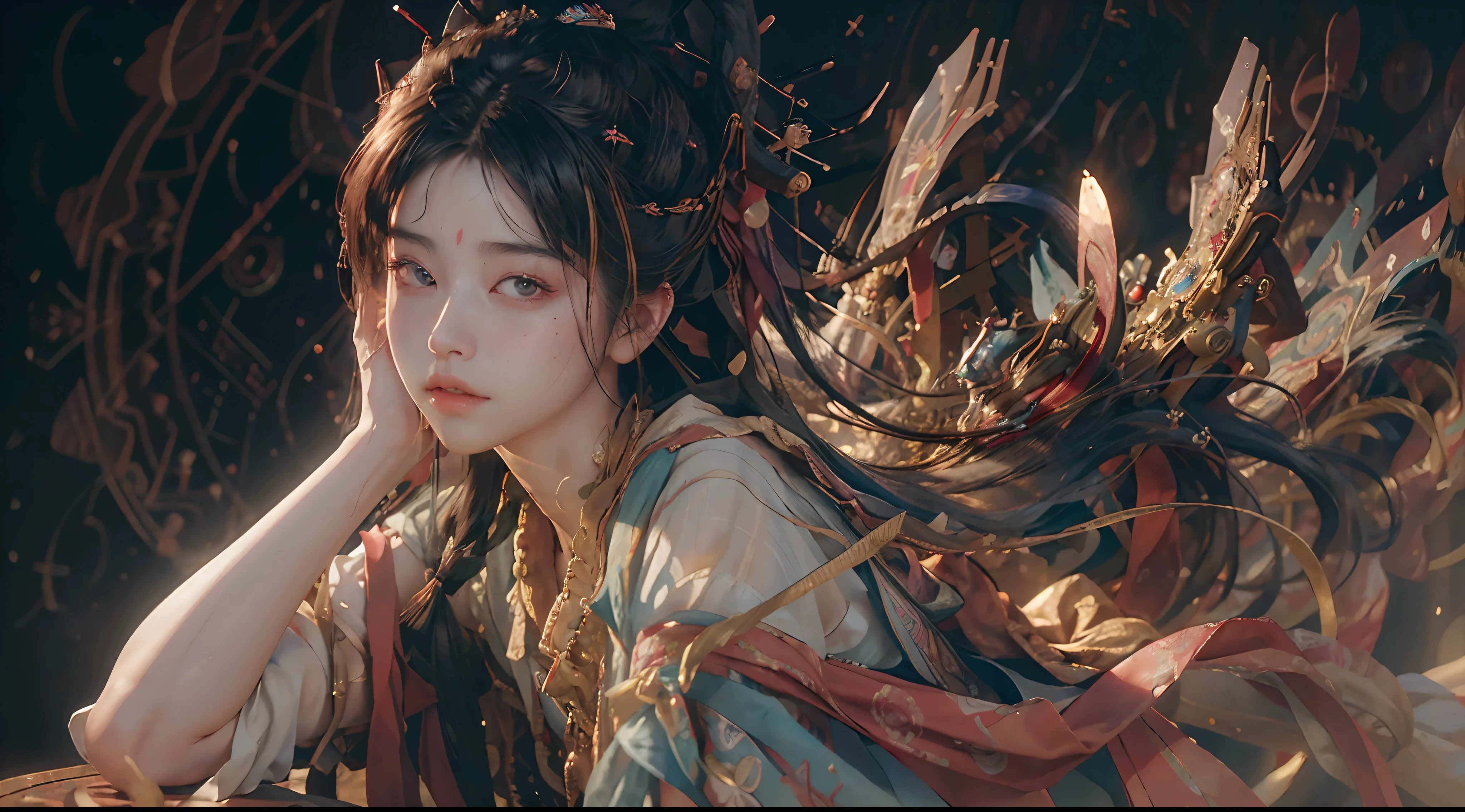 (RAW photo, best quality), (realistic, photo-realistic:1.3),best quality,highly detailed,masterpiece,ultra-detailed,illustration,1girl,upper_body,dynamic angle,world masterpiece theater,messy_long_hair,best quality,extremely detailed CG unity 8k wallpaper,ink,Amazing,cinematic lighting,lens_flare, dunhuang_style