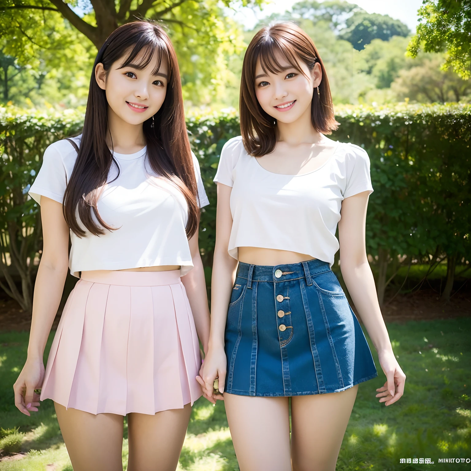 top-quality、​masterpiece、超A high resolution、(Photorealsitic:1.4)、twinsies、The ultra-detailliert、cute little、Short、(A smile:1.1)、a miniskirt、(Thigh 1.1)