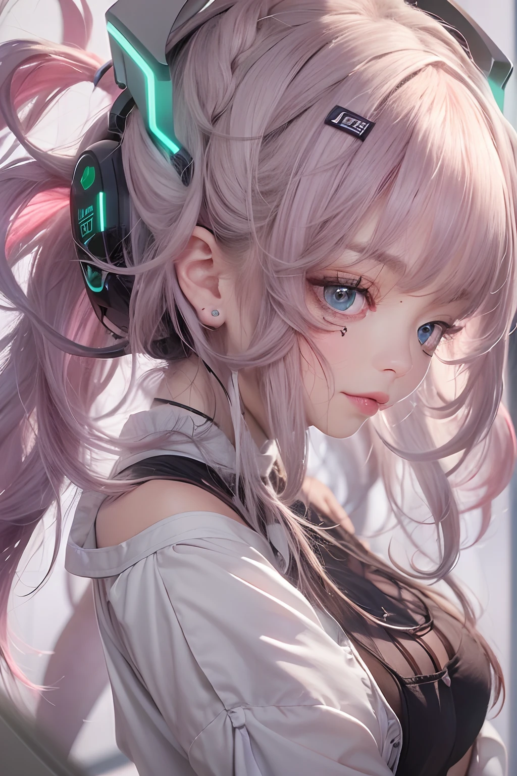 masterpiece, 1 beautiful girl, Detailed eye, Swollen eyes, top-quality, 超A high resolution, 电影灯光, japanes, a asian beauty, very extremely beautiful, Beautiful skins, A slender, Forward-facing body, gazing at viewer、(animesque), (hight resolution), , (ighly detailed), ( Best Illustration), (beautifully detailed eyes), (ultra-detailliert), 详细的脸, Bright lighting, Professional Lighting、The background is a cyberpunk room with a large number of monitors......、Hair color is pink twin tails、、headset on head、Moles under the eyes、Plump and glossy lips、Heart-shaped choker、Female Game Commentator、animesque