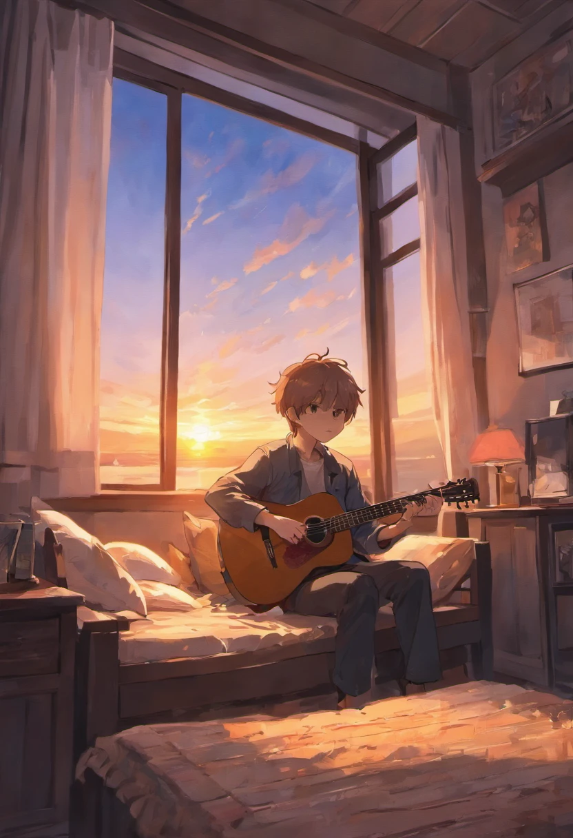a boy playing guitar, sitting in a room on a bed, behind him a window with a sunset, in the style of Hayao Miyazaki