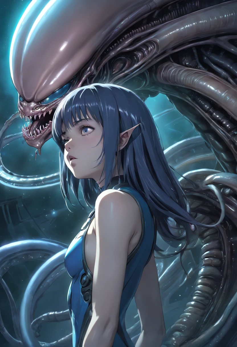((Alien 1979)), ((close photo)), ((an alien female creature)), ((She is sexy and sensual)), ((she brings fear and terror)), A terrible alien with huge mouth and many ugly teeth, She is wearing a rotten and torn clothes as an astronaut, (She's furious, she's angry, she's full of hatred), She is attacking you, she is in an interplanetary hospital in the outer space, She is looking at you, She brings terror in her eyes, she's drooling, she's crazy, she's crazy, ((art by HR Giger)), Masterpiece, better quality, clear focus, dynamic pose, cinematic lighting, Hyper Detailed Ultra Sharp, ((((((((idne))))), (((intricate))))), UltraRealistic, Dynamic, Smooth, Sharp Focus, Illustration, 8K, MuCoi, NSFW, (NSFW:1.5)