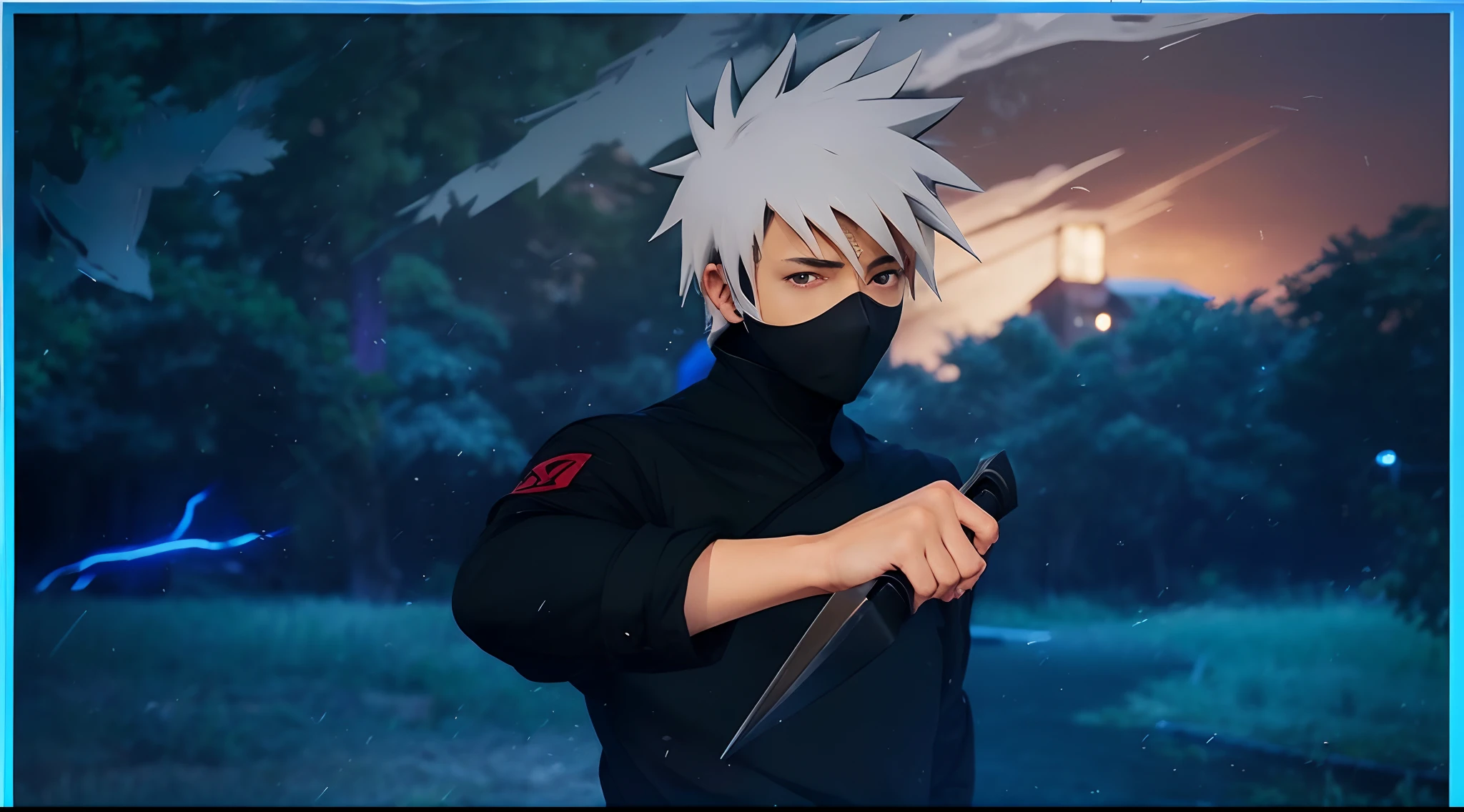 1guy, Kakashi, tilted head, looking to the left, perfect eyes, real strands human hair, human face, black eyes, mature age, older, holding a kunai with a round hilt, blurry trees in the background, at night, realistic, ultra detail, 70mm lens