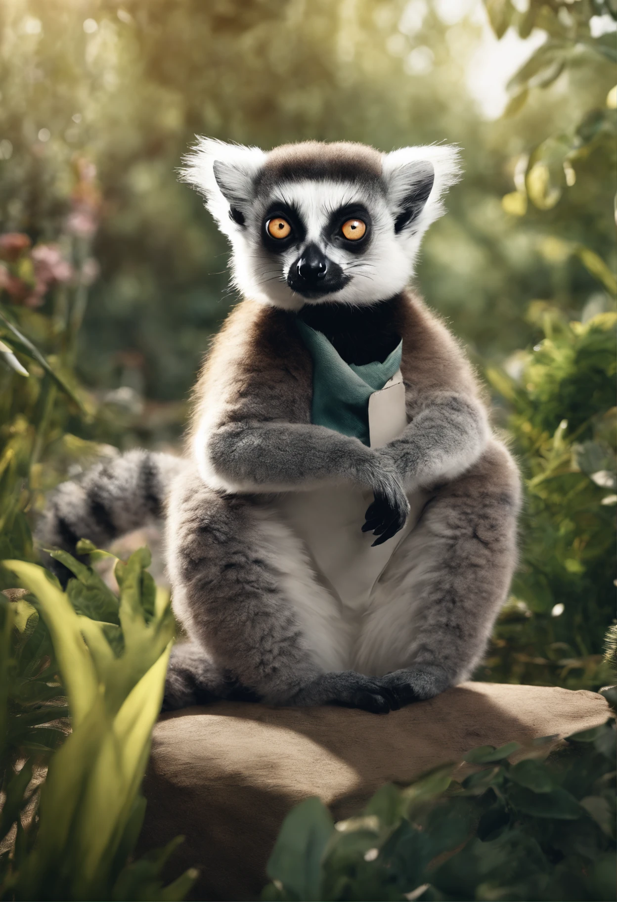 (8k, RAW photo, best quality, masterpiece:1.2), (realistic, photo-realistic:1.37),lemur wearing clothes, in a garden, shooting