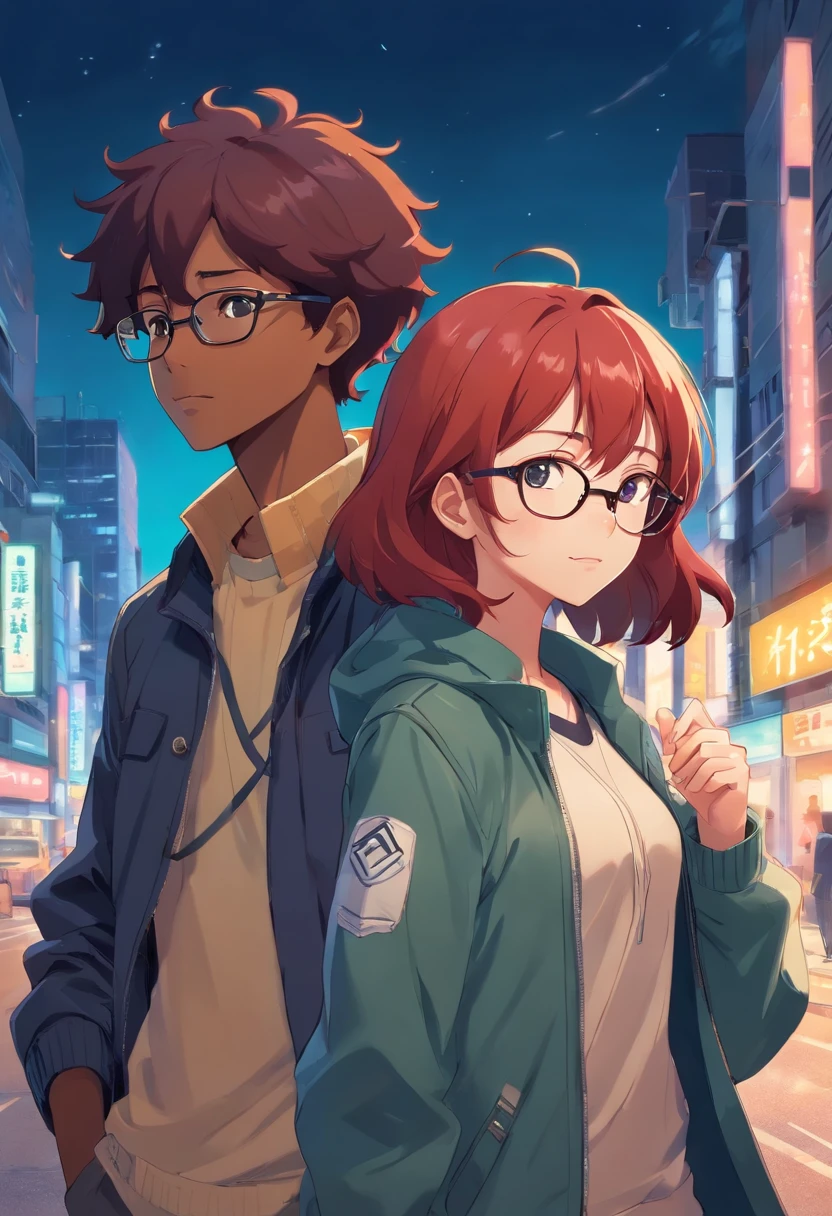 African boy with black wavy hair wearing jacket, redhead girl with glasses