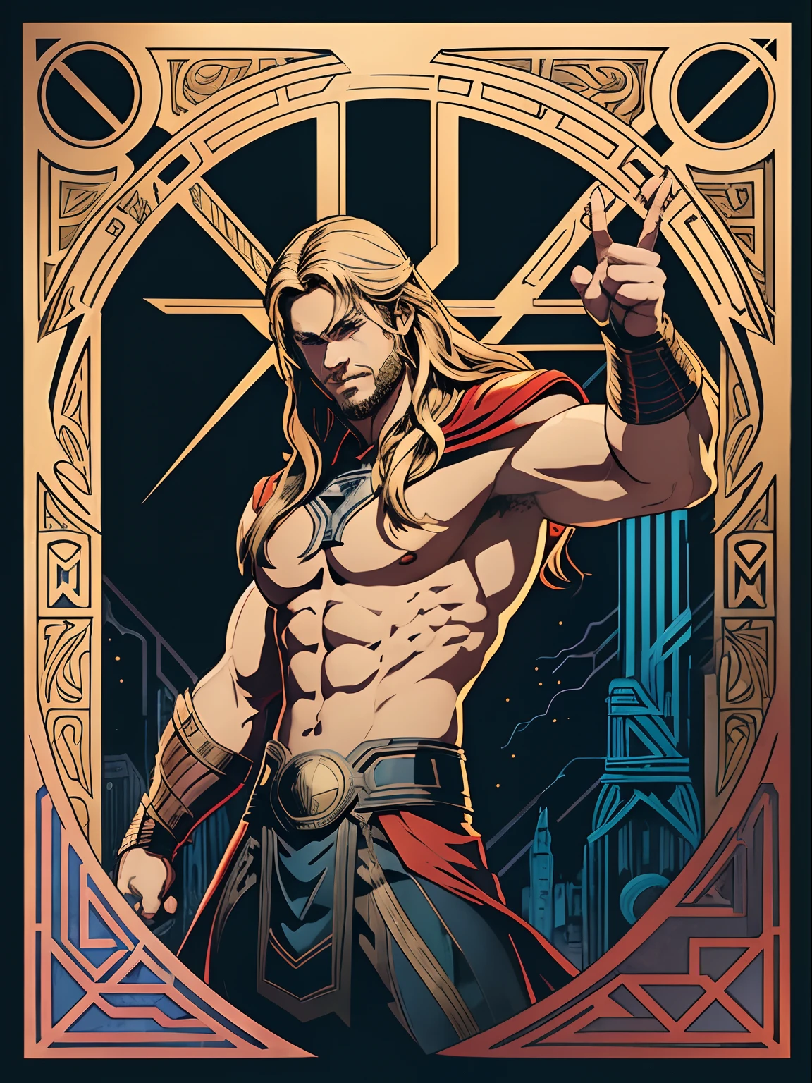 midshot, (cel-shading style:1.3), centered image, ultra detailed illustration of Thor from Marvel, posing, (tetradic colors), inkpunk, (ink lines:1.1), strong outlines, art by Alphonse Mucha, Gustav Klimt, Art Deco, bold traces, unframed, high contrast, (cel-shaded:1.1), vector, 32k resolution, best quality, flat colors, flat lights (Chris Hemsworth as Thor).