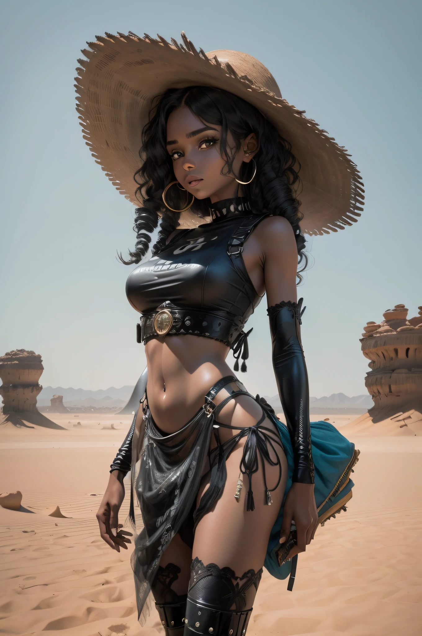 Mulher negra, 20 anos, cabelo cacheado, andando no deserto, olhar sedutor, suada
