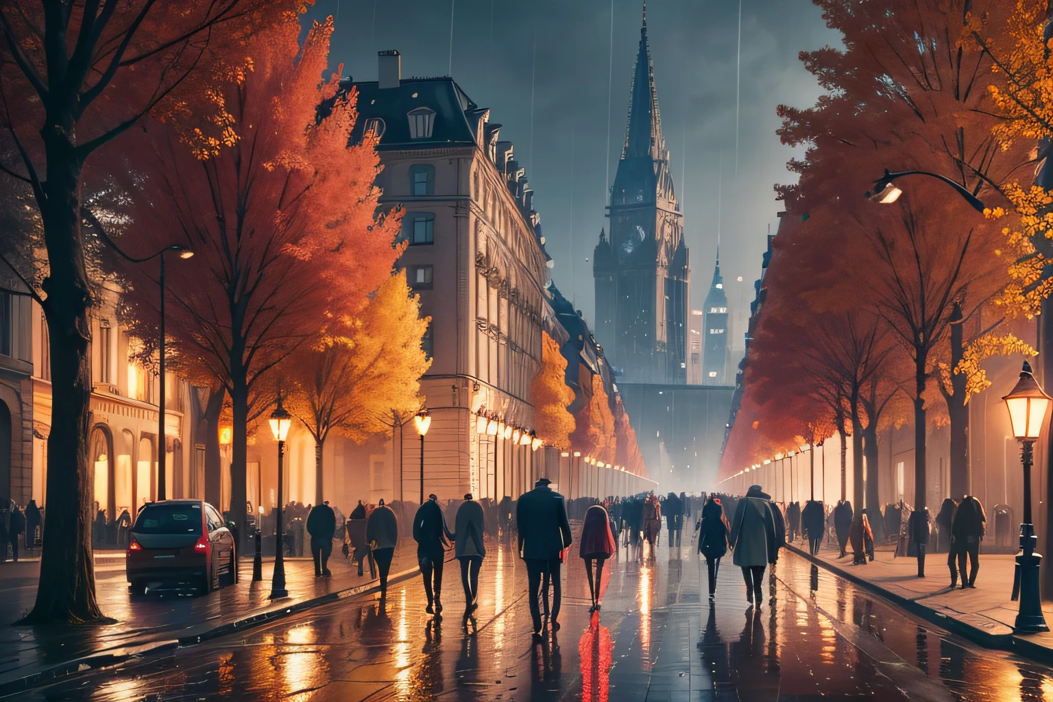spectacular view of european city raining in which you can see several people with colorful suits walking in the foreground, beautiful autumn trees, several cars render 8k, lumion, many details, perfect anatomy,