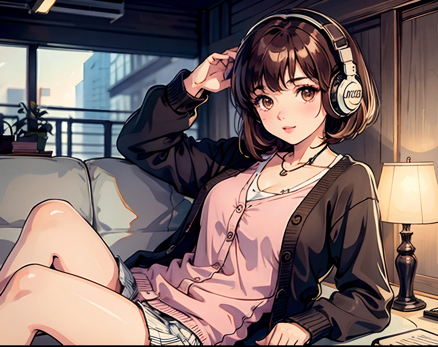 short brown hair, girl, vintage 90's, romance anime style, cardigan, lipgloss, headphones