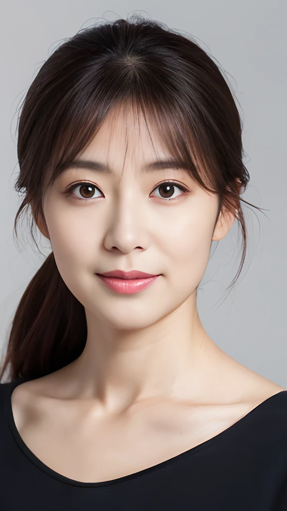 (the Extremely Detailed CG Unity 8K Wallpapers,masutepiece, Best Quality, Ultra-detailed), Gray background, 40-year-old female living in Japan, large full breasts, dark brown hair、poneyTail, 40-year-old female nursery teacher, Light on Face, Looking at the camera, The woman I admire, 40 year old beautiful woman working in nursery school