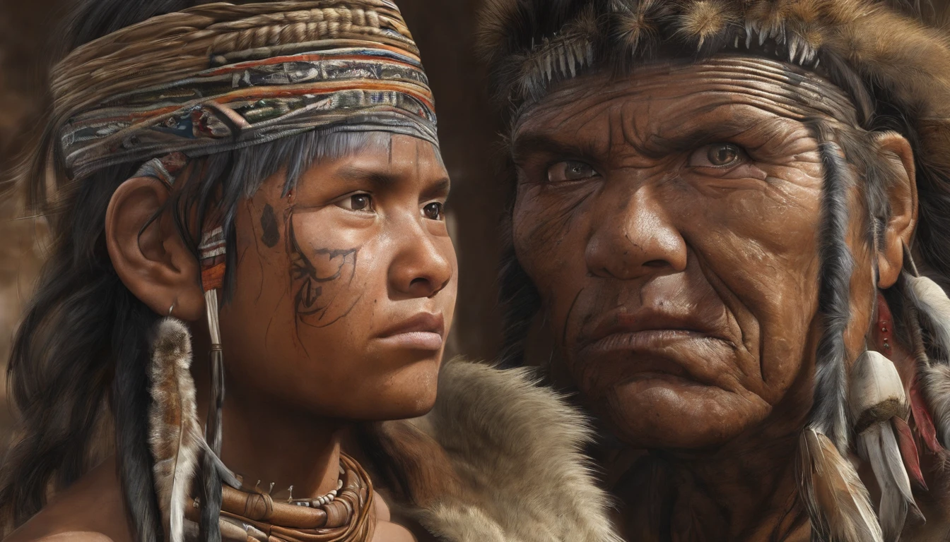white blonde caucasian cute teen, sweet face, tiny, very skinny, anorexic, anorexia, very small breast, very , naked, shy, hugged tightly by huge armed native american oldman warrior, in the native american camp, very crowded, best quality, 4k, 8k, highres, masterpiece, ultra-detailed, realistic