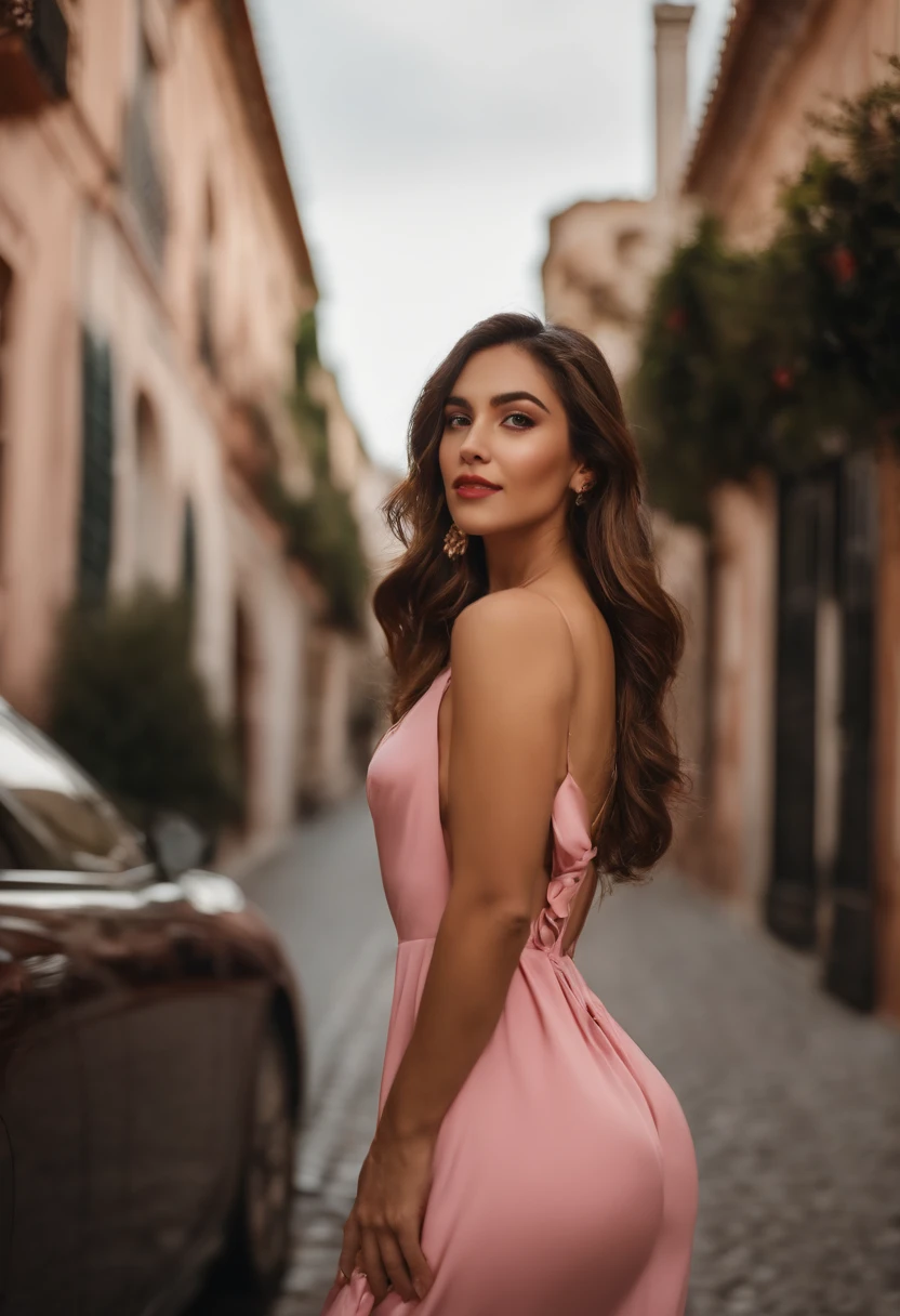 8k, Obra maestra, Foto RAW, La mejor calidad, fotorrealista,filtro belleza 10, fondo de pantalla CG 8k extremadamente detallado, Profundidad de campo, cinematiclight, Destello de lente, Trazado de rayos, (cara extremadamente hermosa, labios hermosos, Hermosos ojos), Cara de detalle intrincado, ((Piel ultra detallada)) 1girl, A oscuras, Sombra profunda, Bonita chica coreana, Kpop idol, 1人の女の子, (cuerpo musculoso muy delgado y delgado:1.3), ((Mirando al espectador)),(gran sonrisa:1.3), (Noche de la Ciudad de la Moda, noche oscura, (neon sign), (fondo borroso), Noche callejera de moda),(Sin personas en segundo plano:1.3), Hermosos pendientes, Pulseras, collar, pantys, ojos claros, andante, (Pale skin), (ojos grandes), Cara hacia adelante, (brown hairs), (Toma de cuerpo completo), ((Vestido de seda color rosa intenso:1.3)), ((vestido ajustado)), ((vestido con cordones)), (Mirando al espectador:1.3) pecho abierto, muy delgado, senos medianos, back turned, (Tiro trasero), Enfoque de, frente de cejas,(vestido ajustado), muslos gruesos