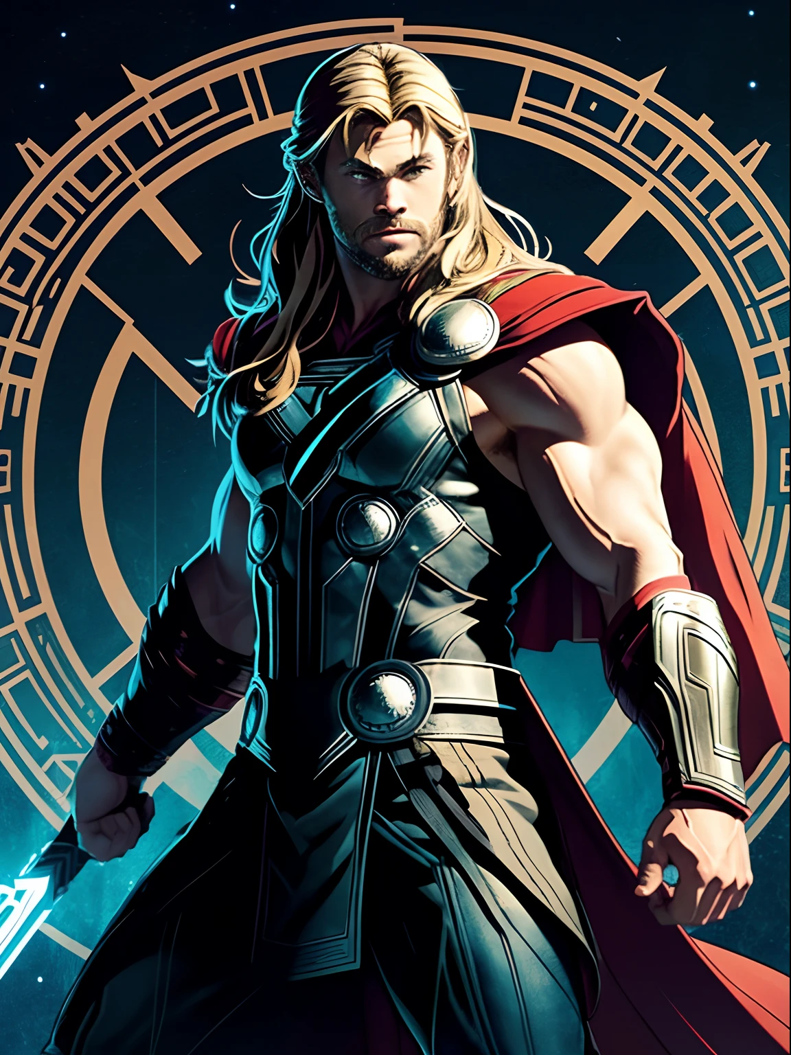 midshot, (cel-shading style:1.3), centered image, ultra detailed illustration of Thor from Marvel, posing, (tetradic colors), inkpunk, (ink lines:1.1), strong outlines, art by Alphonse Mucha, Gustav Klimt, Art Deco, bold traces, unframed, high contrast, (cel-shaded:1.1), vector, 32k resolution, best quality, flat colors, flat lights (Chris Hemsworth as Thor).