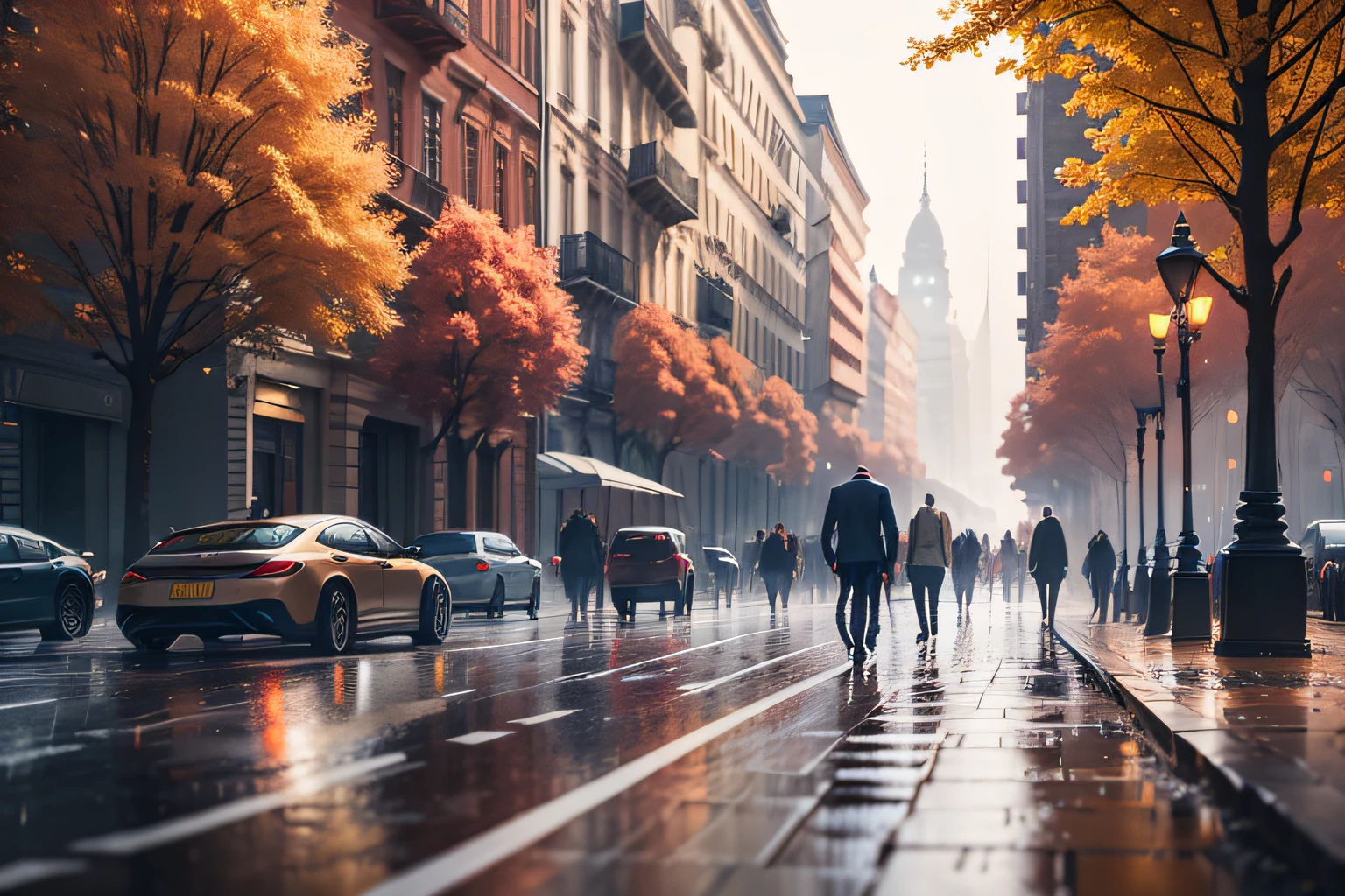 spectacular view of european city raining in which you can see several people with colorful suits walking in the foreground, beautiful autumn trees, several cars render 8k, lumion, many details, perfect anatomy,