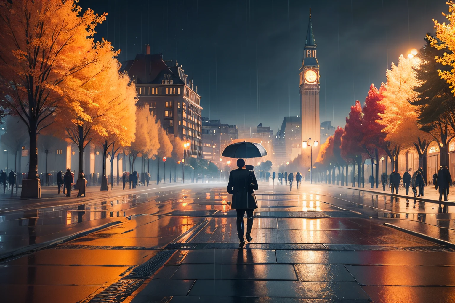 spectacular view of european city raining in which you can see several people with colorful suits walking in the foreground, beautiful autumn trees, several cars render 8k, lumion, many details, perfect anatomy,