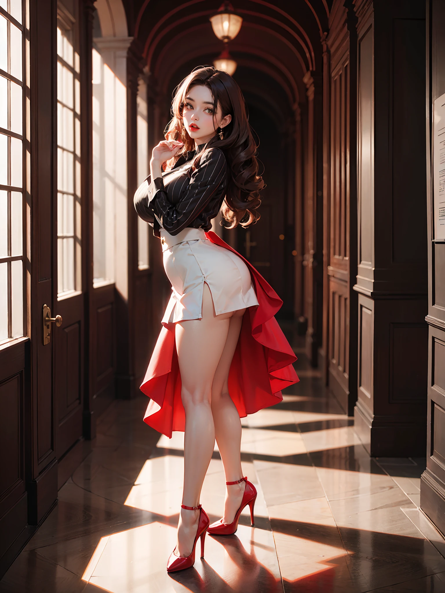 woman in a black and white striped skirt and red high heels, black and white color, black and white and red, red and black and white, black white clothes, beautiful short skirt, in black and white, tight skirt, beautiful face, pretty face, beautiful thighs and legs, red high heels, red shoes, stripe skirt, tight skirt, black shirt, tight dress, beautiful thighs, she has brown hair, long brown hair, beautiful hair, sex face expression, sexual expression, red lips, outdoor background, in front of hotel entrance, brown curly hair, thicc, big thighs, thicc waist, beautiful face, very pretty, tight skirt