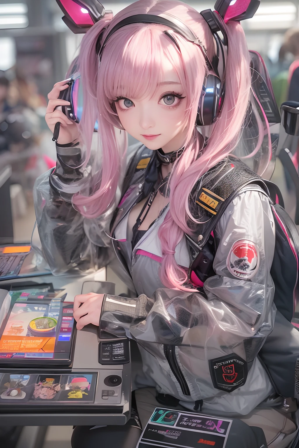 masterpiece, 1 beautiful girl, Detailed eye, Swollen eyes, top-quality, 超A high resolution, 电影灯光, japanes, a asian beauty, very extremely beautiful, Beautiful skins, A slender, Forward-facing body, gazing at viewer、(animesque), (hight resolution), , (ighly detailed), ( Best Illustration), (beautifully detailed eyes), (ultra-detailliert), 详细的脸, Bright lighting, Professional Lighting、The background is a cyberpunk room with a large number of monitors.......、Hair color is pink twin tails、、headset on head、Moles under the eyes、Plump and glossy lips、Heart-shaped choker、Female Game Commentator、animesque