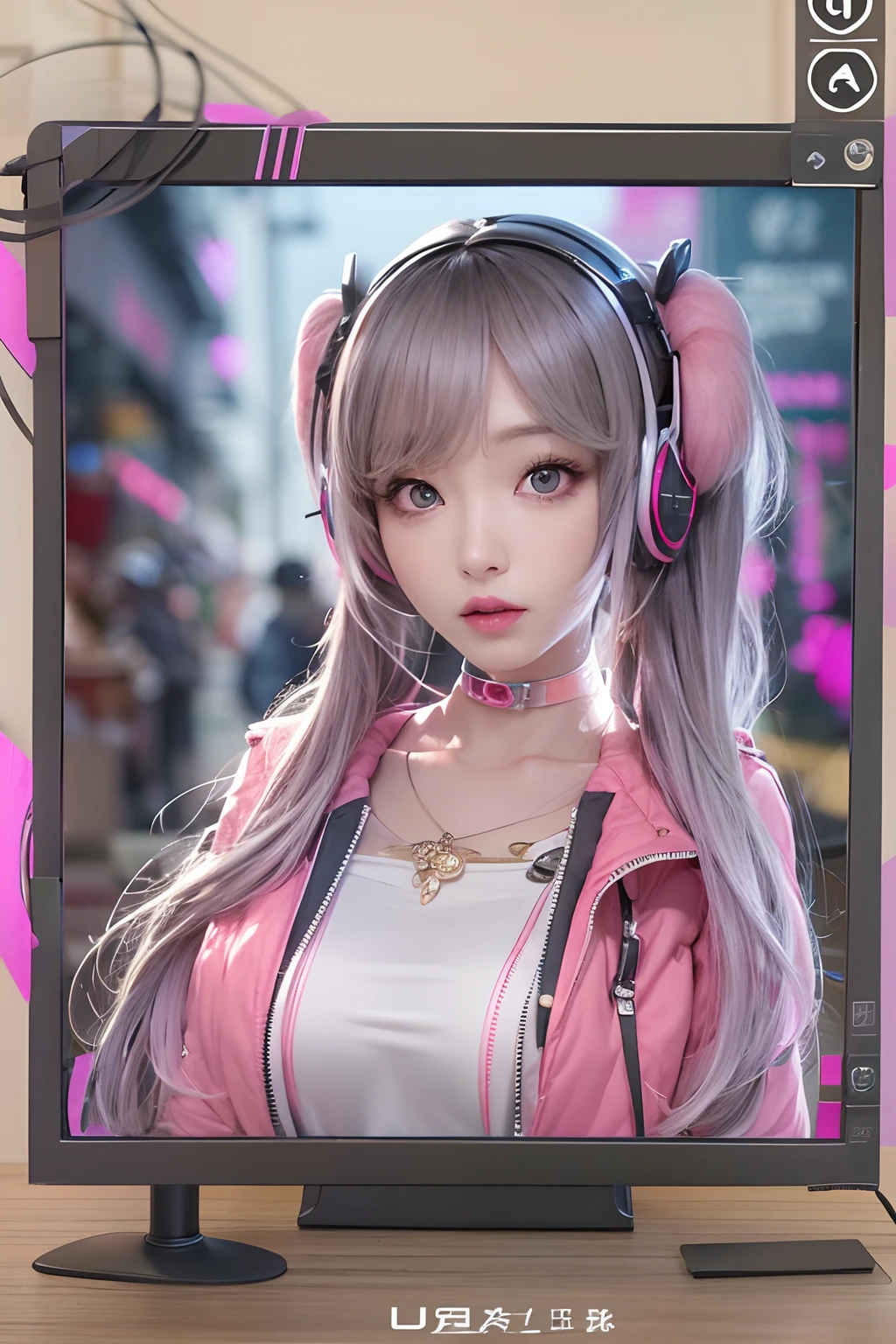 masterpiece, 1 beautiful girl, Detailed eye, Swollen eyes, top-quality, 超A high resolution, 电影灯光, japanes, a asian beauty, very extremely beautiful, Beautiful skins, A slender, Forward-facing body, gazing at viewer、(animesque), (hight resolution), , (ighly detailed), ( Best Illustration), (beautifully detailed eyes), (ultra-detailliert), 详细的脸, Bright lighting, Professional Lighting、The background is a cyberpunk room with a large number of monitors.......、Hair color is pink twin tails、、headset on head、Moles under the eyes、Plump and glossy lips、Heart-shaped choker、Female Game Commentator、animesque