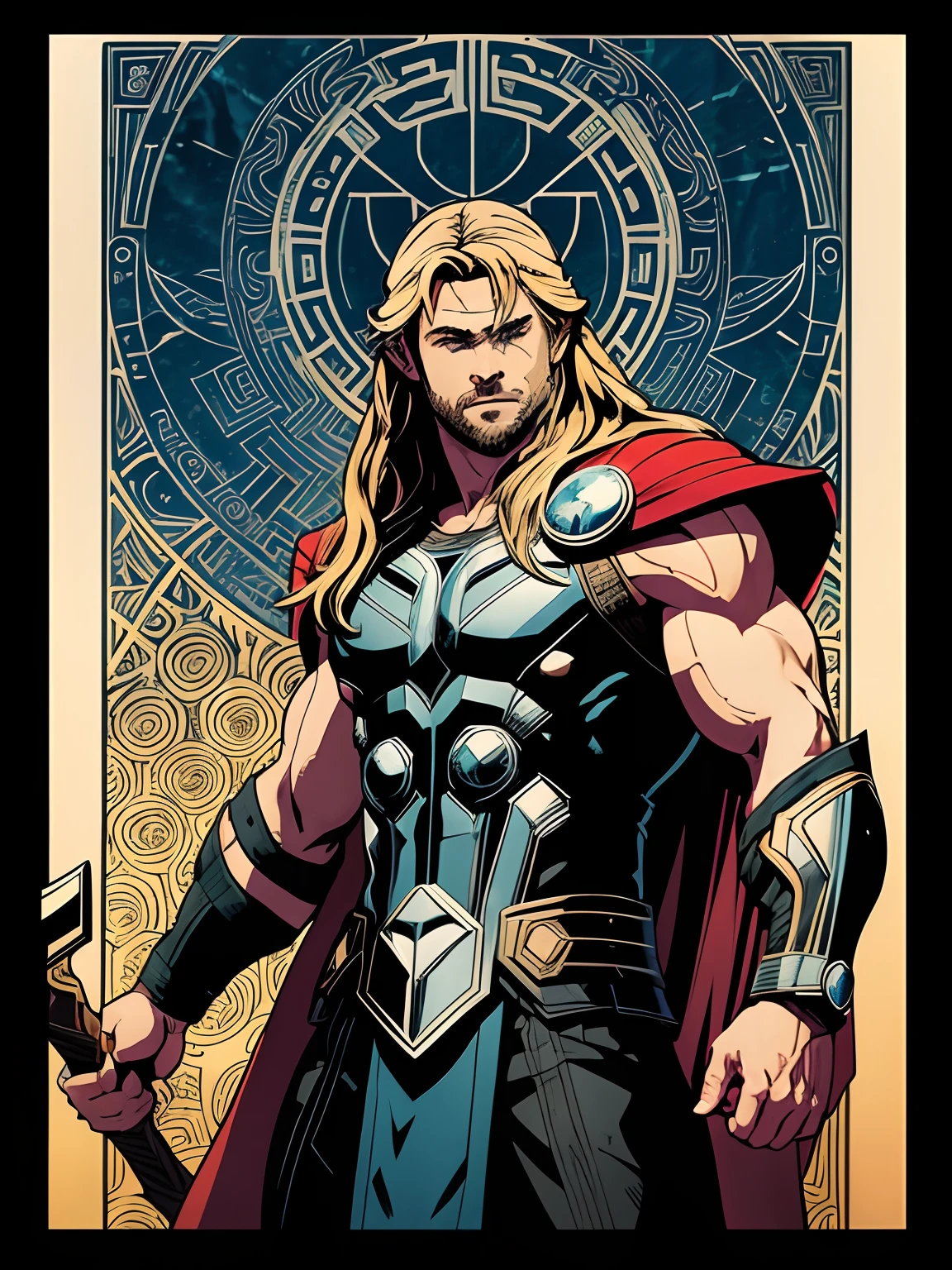 midshot, (cel-shading style:1.3), centered image, ultra detailed illustration of Thor from Marvel, posing, (tetradic colors), inkpunk, (ink lines:1.1), strong outlines, art by Alphonse Mucha, Gustav Klimt, Art Deco, bold traces, unframed, high contrast, (cel-shaded:1.1), vector, 32k resolution, best quality, flat colors, flat lights (Chris Hemsworth as Thor).