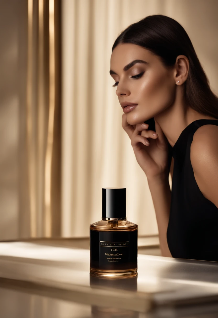 A high quality, vertical promotional image for the luxury perfume brand Seletos Parfum, announcing the launch of their new collection of 27 fragrances inspired by high-end perfumes.
The image shows a sensual close up of an elegant woman. She has flawless skin, wavy brunette hair, and wears a low-cut black dress. Around her neck, a gold perfume pendant with the Seletos logo. In the soft background, out of focus, shelves with perfumes from the new collection in sleek, minimalist and elegant black bottles.
The composition conveys luxury, sensuality and sophistication. The color palette is black, gold and nude. Clean typography for the text "Irresistible Novelties" at the top and "Seletos Parfum" smaller at the bottom.
The lighting is soft and intimate. Professional quality, sharp focus on the foreground. Digital painting with subtle brush strokes in advertising style.