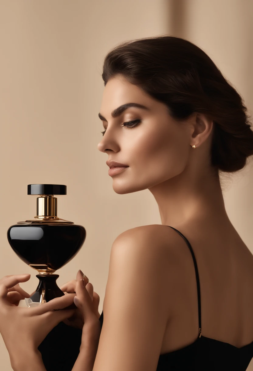 A high quality, vertical promotional image for the luxury perfume brand Seletos Parfum, announcing the launch of their new collection of 27 fragrances inspired by high-end perfumes.
The image shows a sensual close up of an elegant woman. She has flawless skin, wavy brunette hair, and wears a low-cut black dress. Around her neck, a gold perfume pendant with the Seletos logo. In the soft background, out of focus, shelves with perfumes from the new collection in sleek, minimalist and elegant black bottles.
The composition conveys luxury, sensuality and sophistication. The color palette is black, gold and nude. Clean typography for the text "Irresistible Novelties" at the top and "Seletos Parfum" smaller at the bottom.
The lighting is soft and intimate. Professional quality, sharp focus on the foreground. Digital painting with subtle brush strokes in advertising style.