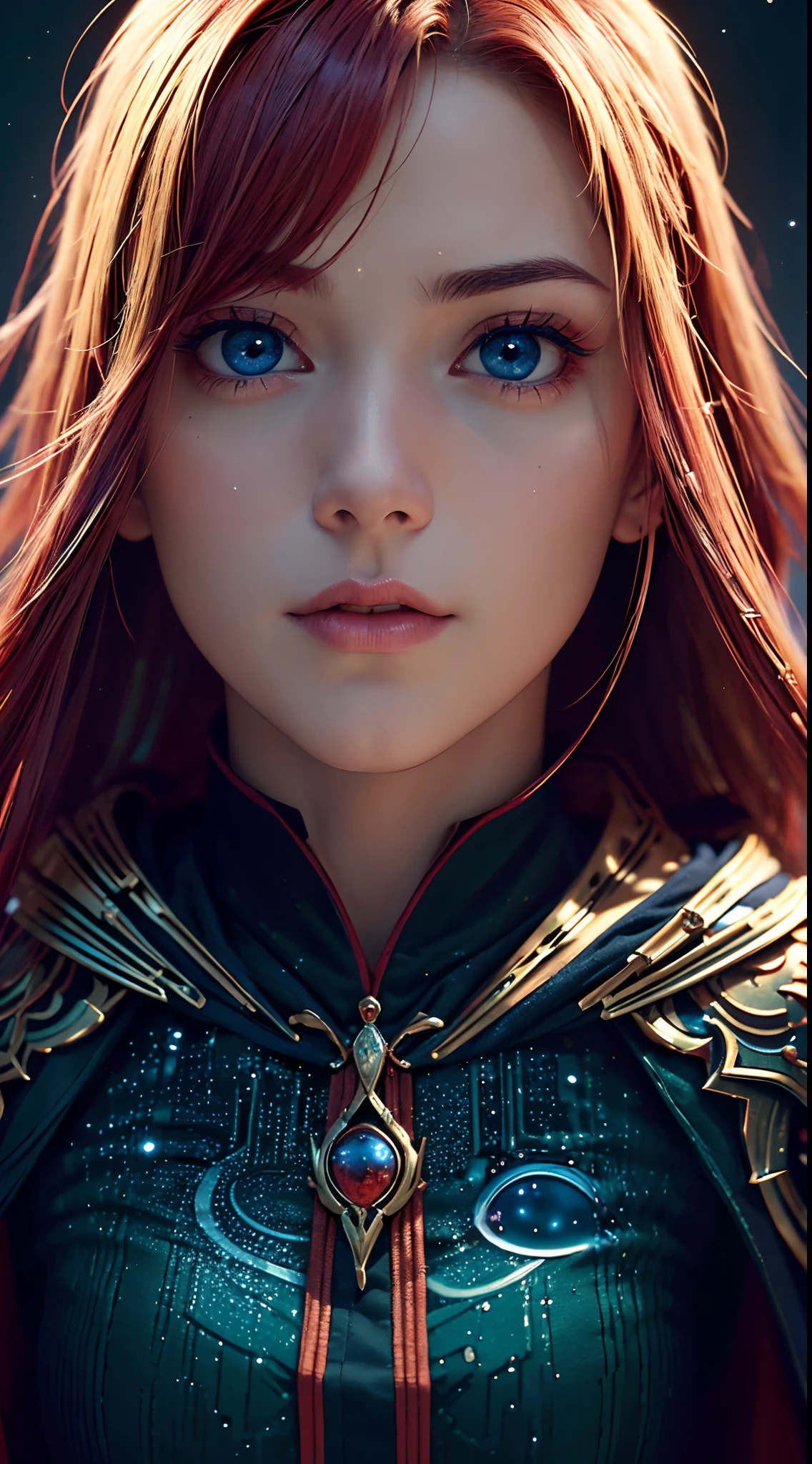 Best quality, 4K, high resolution, Masterpiece:1.2, super ultra detail, (Realistic, Photorealistic, photo-realistic:1.37), vibrant, Red and blue heterochromic eyes,Strong gaze,Mesmerizing eye contact,Fire-red iris,Dark blue shining stars,Shining pupils,Vivid colors,Portrait,Fantasy art,Magical red light,Ethereal beauty,Red color palette,Long yellow hair,Cloak like red