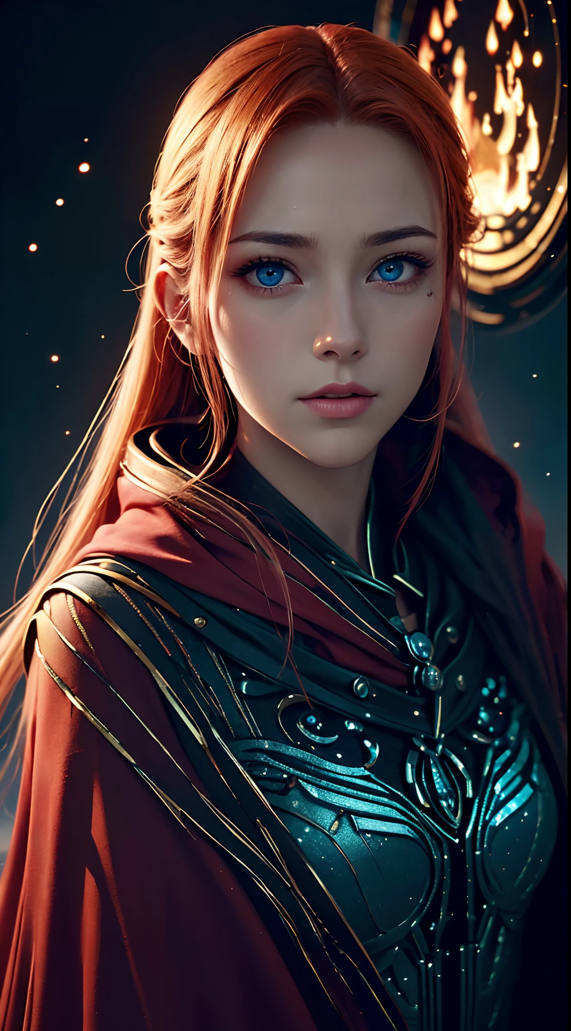 Best quality, 4K, high resolution, Masterpiece:1.2, super ultra detail, (Realistic, Photorealistic, photo-realistic:1.37), vibrant, Red and blue heterochromic eyes,Strong gaze,Mesmerizing eye contact,Fire-red iris,Dark blue shining stars,Shining pupils,Vivid colors,Portrait,Fantasy art,Magical red light,Ethereal beauty,Red color palette,Long yellow hair,Cloak like red