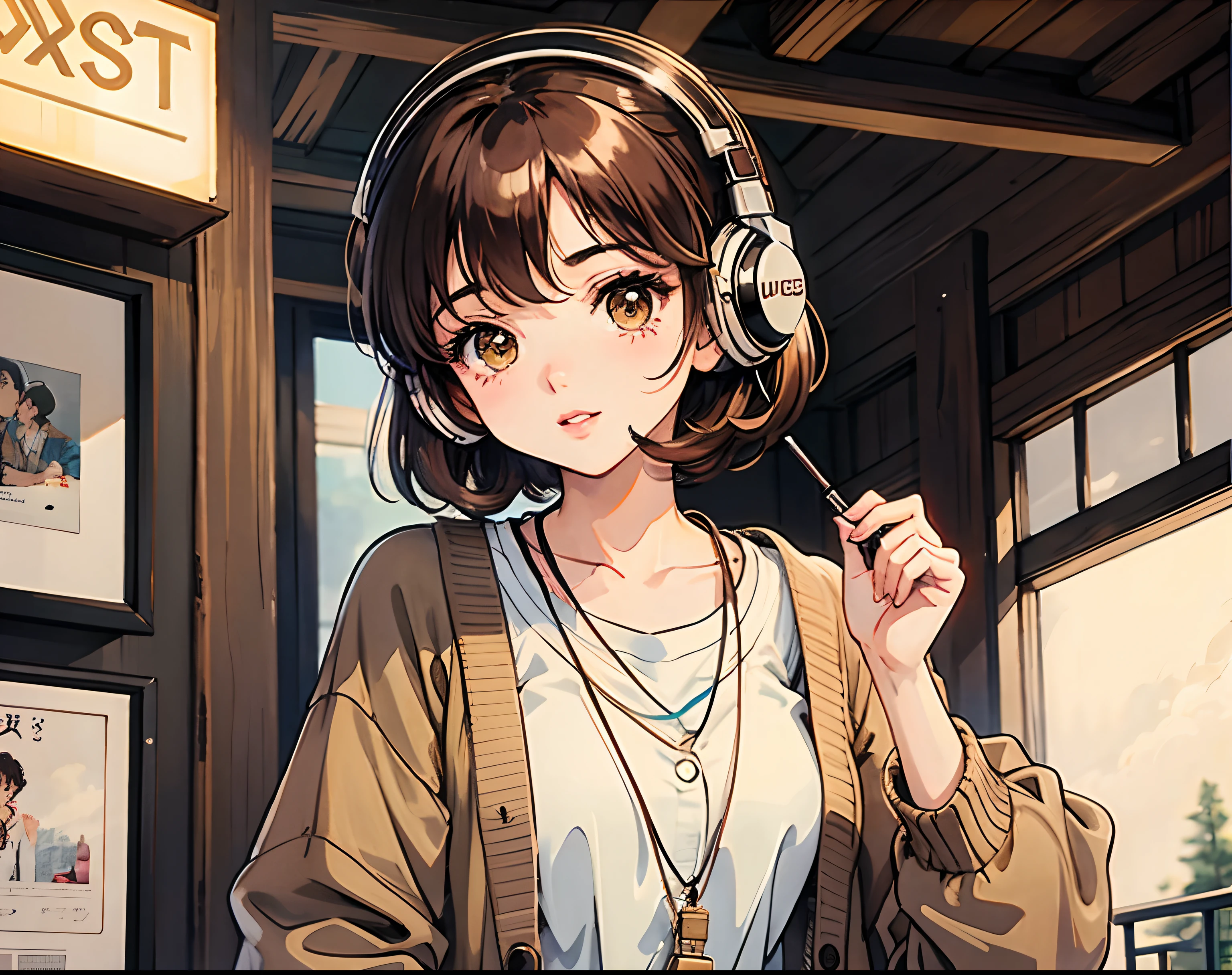 short brown hair, girl, vintage 90's, romance anime style, cardigan, lipgloss, headphones