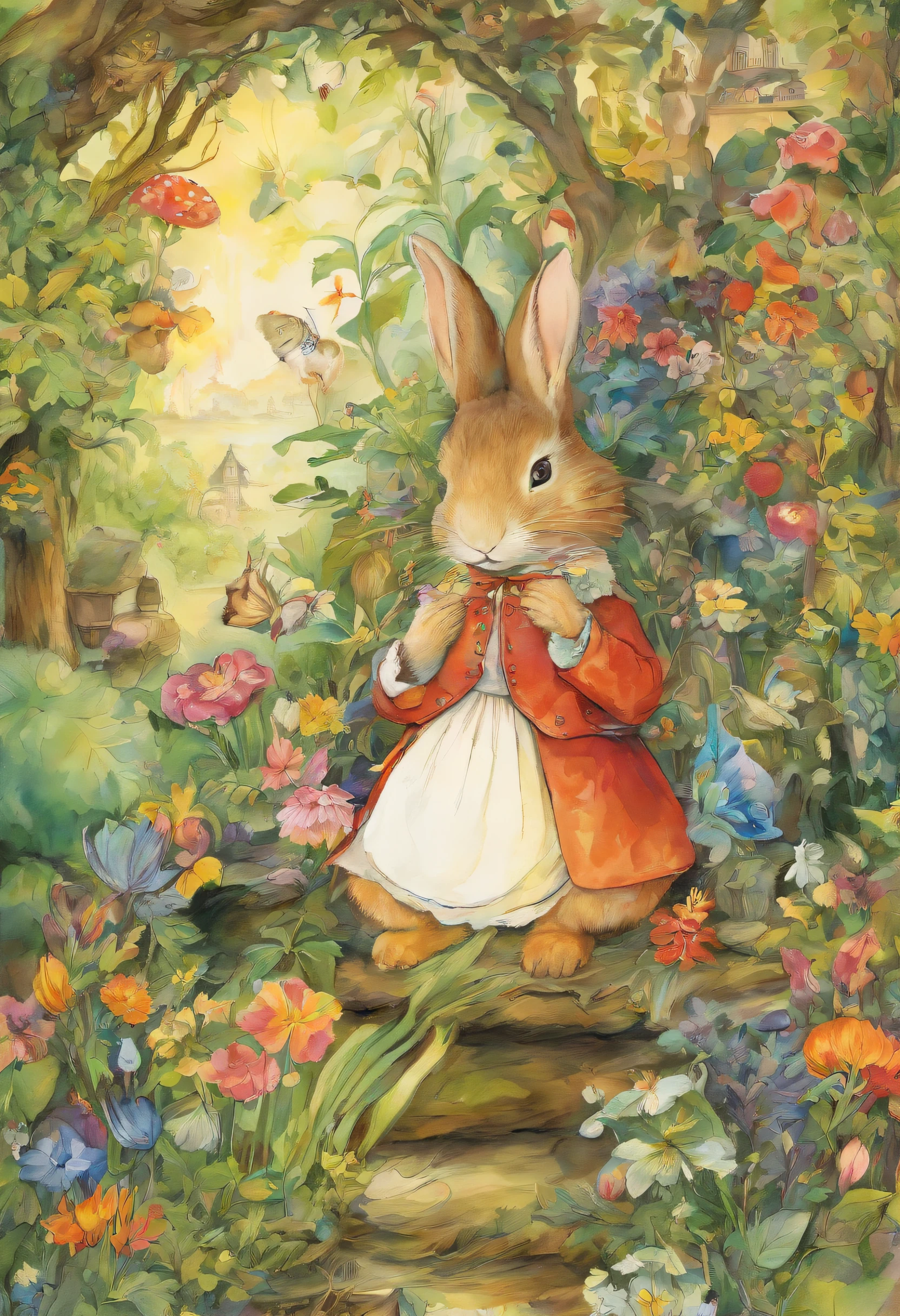 comiс style, painted in vivid watercolor, Bipedal rabbit, Roupas fofas, olhos verdes, branco, cinza, azul. amarelo, em uma toca, smelling a sofa, sniffing a couch, extremamente detalhado, altamente detalhado, obra prima, Fundo do conto de fadas, Wonderland, dynamic colours, Luz de conto de fadas, Directed by: Beatrix Potter, Susan Wheeler, Cristopher Denise e Jean-Baptiste Monge, UHD 32k