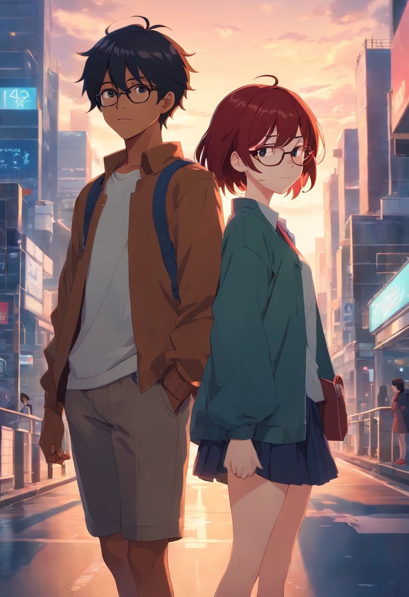 black boy with dark hair, redhead girl with glasses